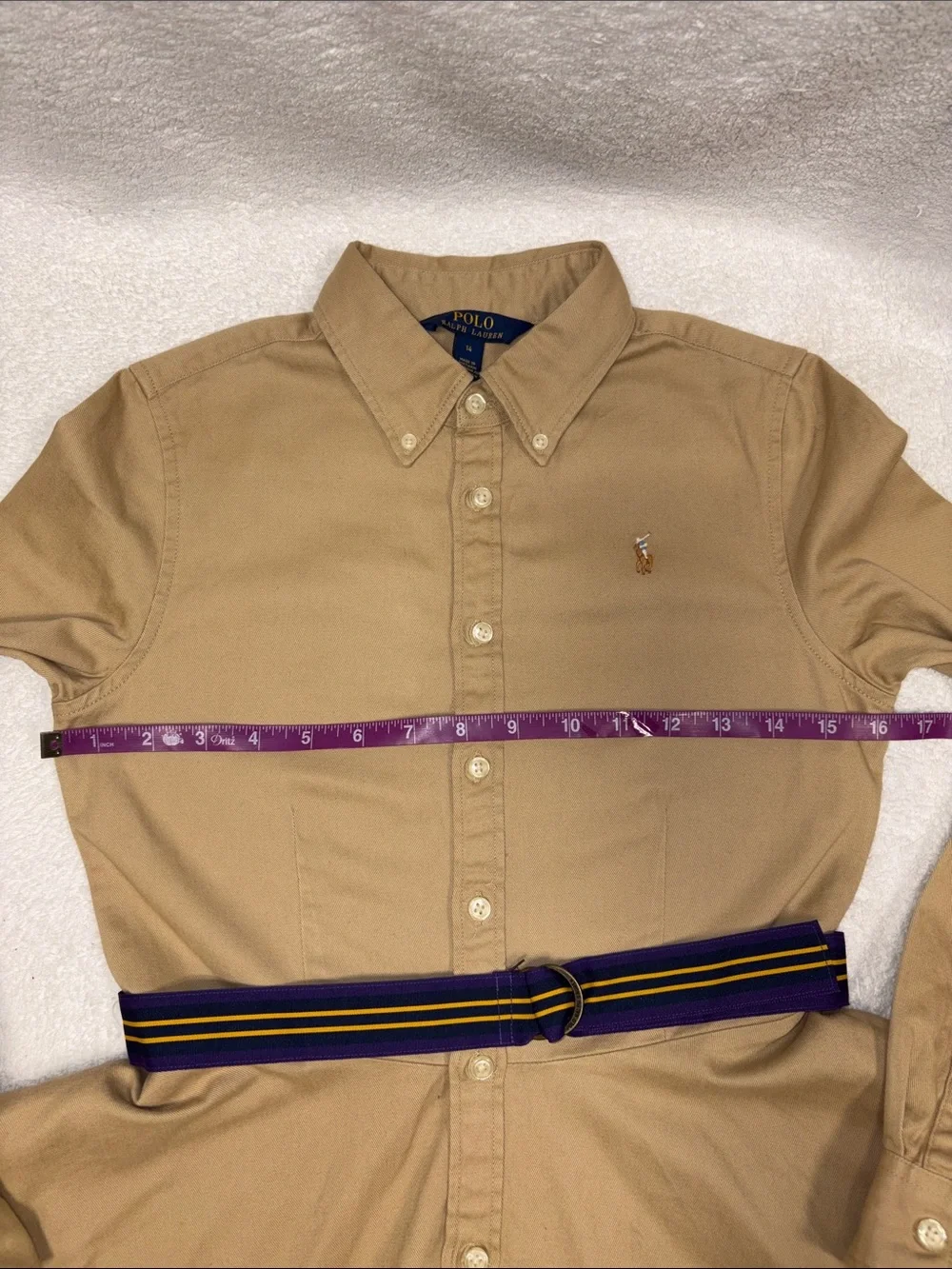 Ralph Lauren Khaki Button-Down Shirt Dress purple Yellow Stripe Belt girls 14
